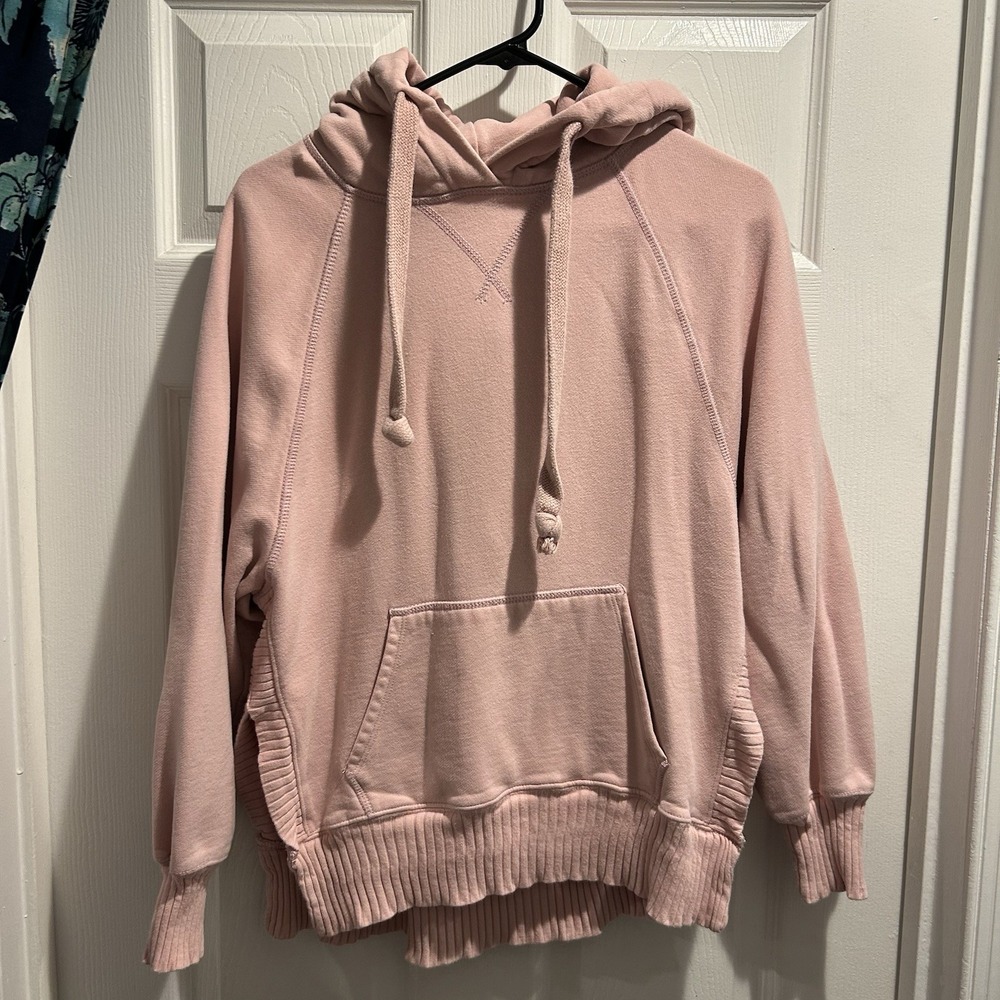 AE Pink Fleece Hoodie Pullover Side Vent Split Hem Ribbed Cuffs XS